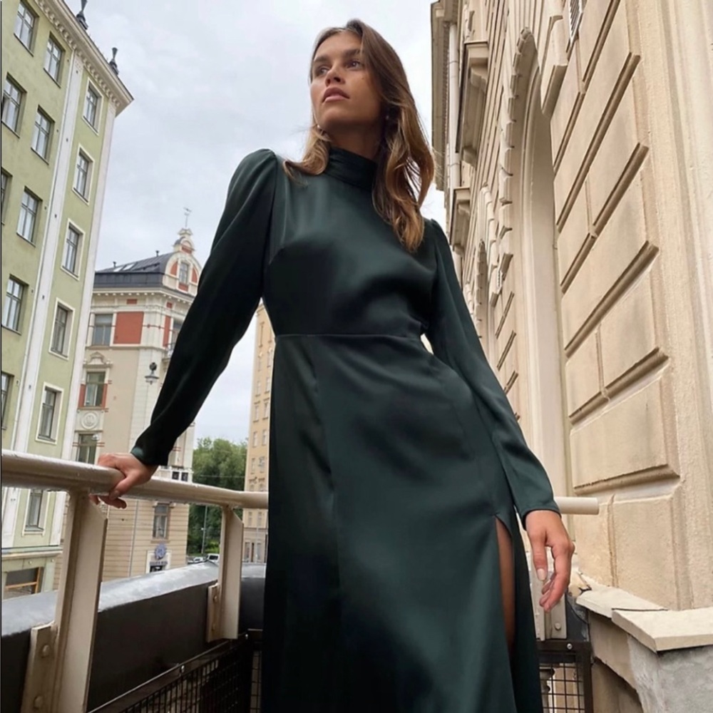 Aritzia Long Sleeve Black Satin Maxi Dress with High Neck